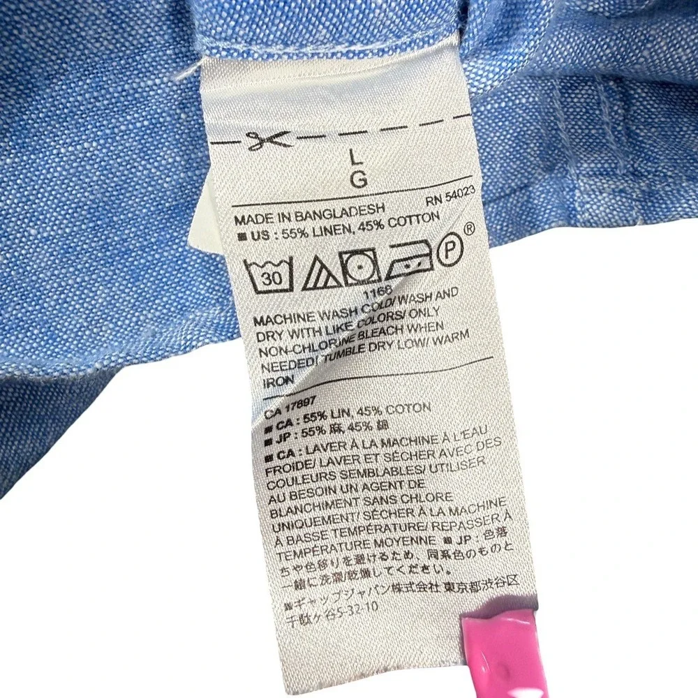 Banana Republic Mens Linen Cotton Shirt L Cascade Blue Chambray Roll Up Sleeve